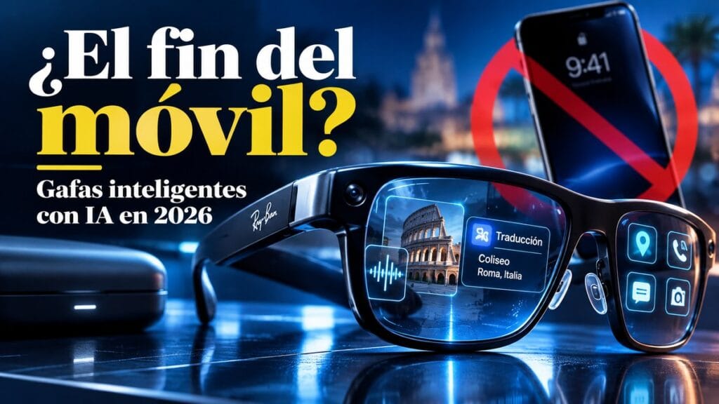 Gafas inteligentes con inteligencia artificial y pantallas digitales luminosas, junto a un teléfono móvil tachado sobre un fondo azul marino brillante, con el mensaje «¿El fin del móvil?»?