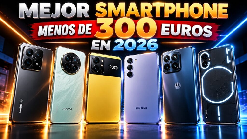 Los 6 mejores smartphones por menos de 300 euros en 2026, alineados sobre un fondo negro brillante con iluminación azul y naranja.