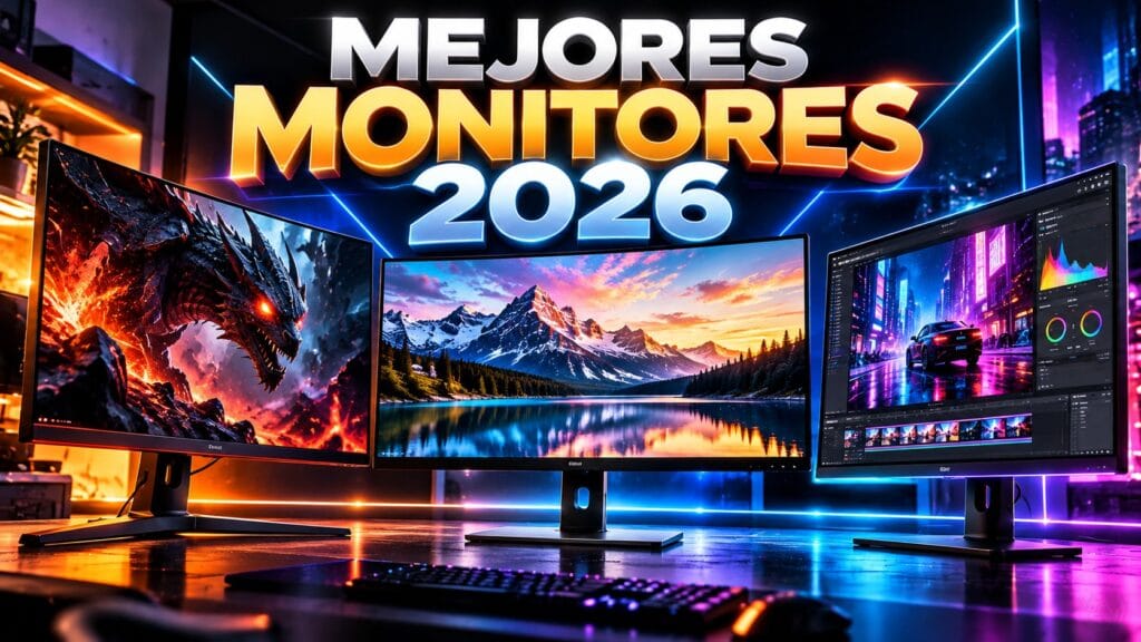 Pantallas de monitor de ordenador con el título Mejores Monitores 2026