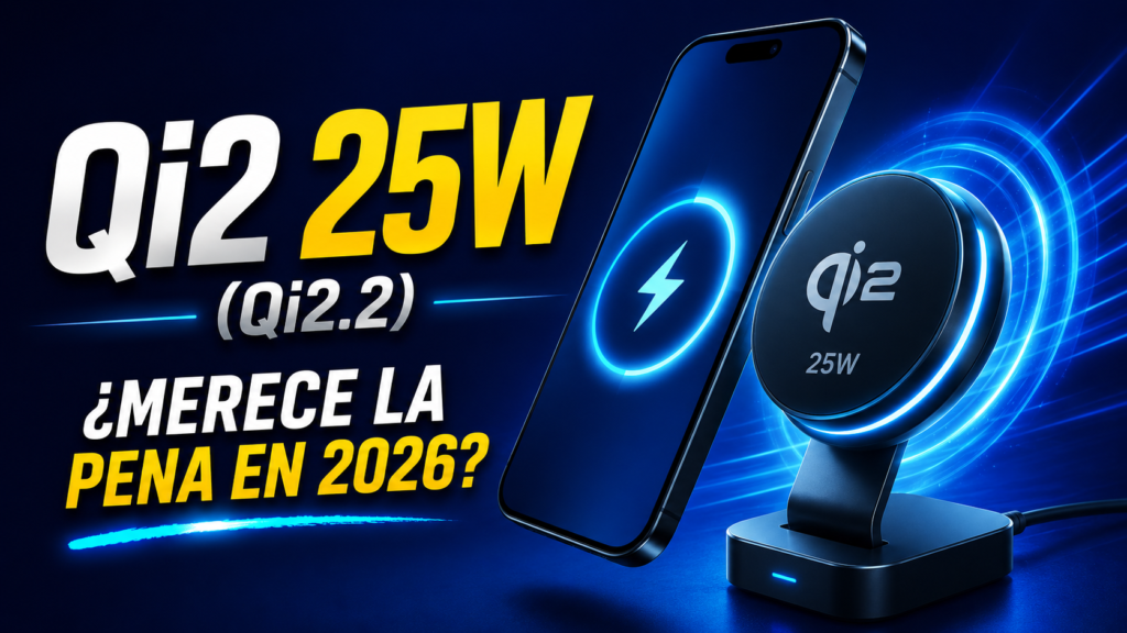 Un smartphone junto a un cargador de última generación Qi2