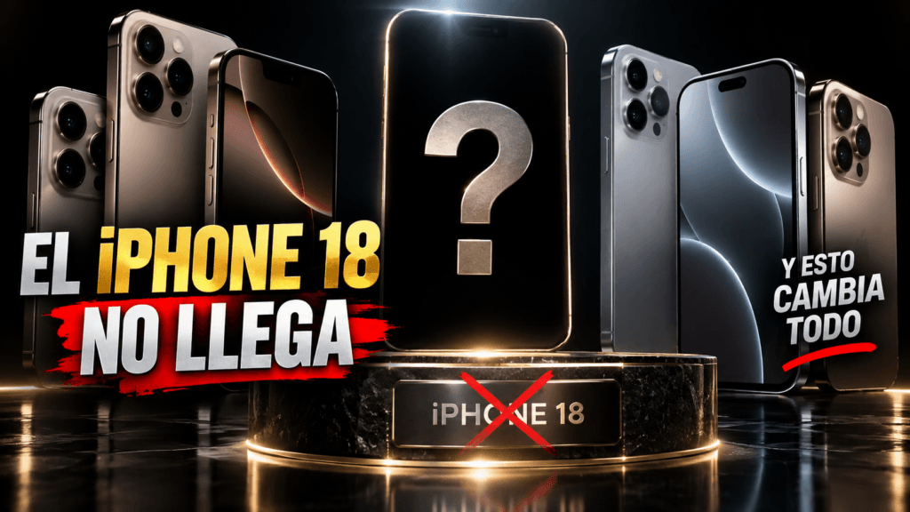 Smartphones de estilo iPhone sobre un fondo negro brillante, con un teléfono central vacío y un gran signo de interrogación, rodeado de varios modelos premium. La composición representa la ausencia del iPhone 18 normal y destaca con el mensaje “EL iPHONE 18 NO LLEGA” y “Y ESTO CAMBIA TODO”.