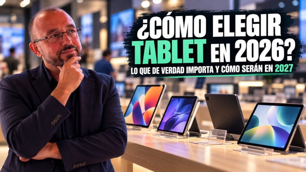 Hombre con gafas y barba, vestido con chaqueta oscura, observa pensativo varias tablets de diferentes tamaños expuestas en una tienda de tecnología. El fondo aparece desenfocado para destacar al protagonista y los dispositivos. Sobre la imagen se lee: «¿Cómo elegir tablet en 2026?