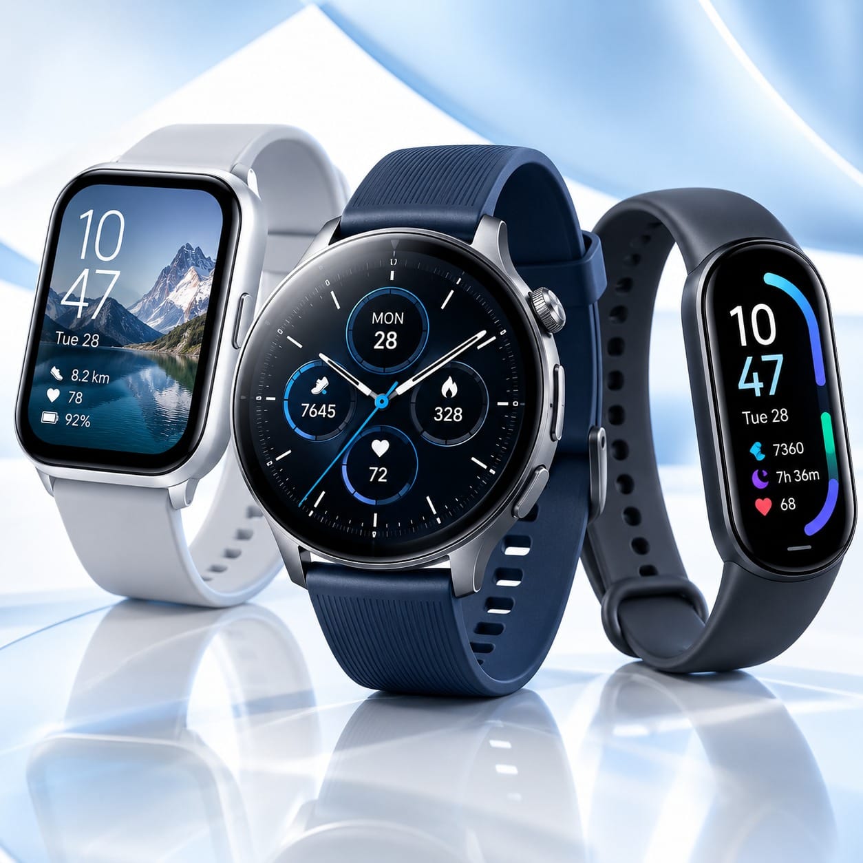 Tres tipos de dispositivo vestible en una mesa: un smartwatch cuadrado con correa blanca mostrando distancia y pulso, un smartwatch redondo con correa azul marino mostrando pasos y calorías, y una pulsera de actividad azul marino mostrando pasos y horas de sueño