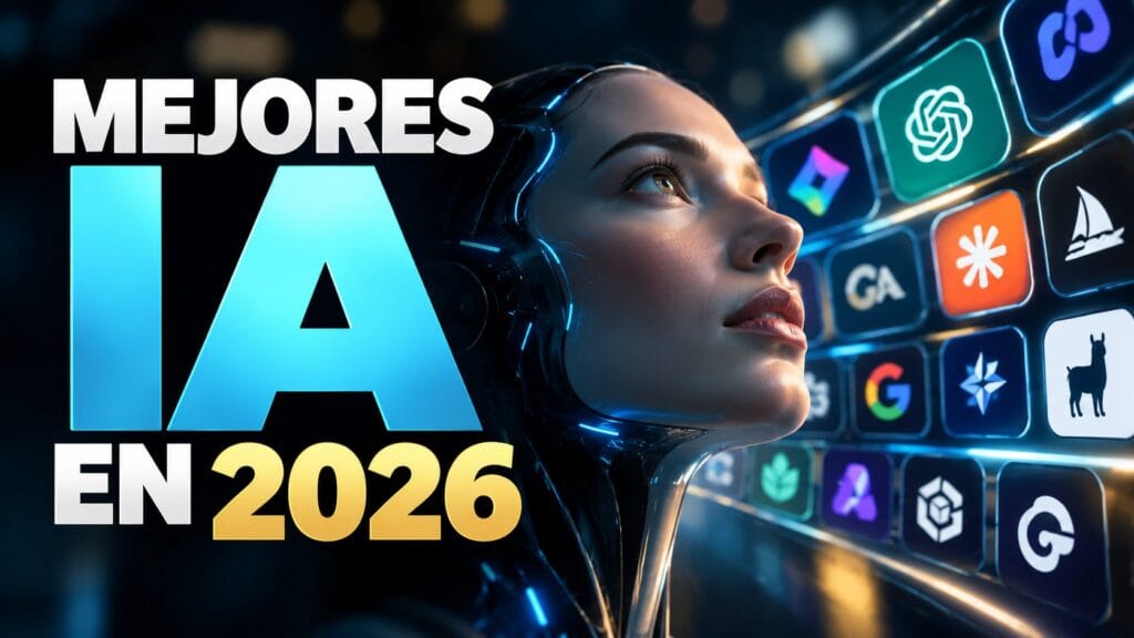 Ilustración tecnológica futurista con una inteligencia artificial humanoide iluminada en azul y varios iconos de herramientas de IA al fondo. A la izquierda aparece el texto “MEJORES IA EN 2026” sobre un fondo oscuro y cinematográfico.