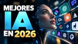 Ilustración tecnológica futurista con una inteligencia artificial humanoide iluminada en azul y varios iconos de herramientas de IA al fondo. A la izquierda aparece el texto “MEJORES IA EN 2026” sobre un fondo oscuro y cinematográfico.