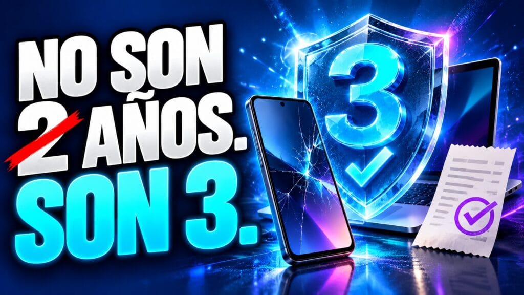 Miniatura tecnológica con el mensaje «NO SON 2 AÑOS. SON 3.» junto a un smartphone, un escudo digital con el número 3 y un símbolo de verificación sobre un fondo azul y violeta con efectos de luz neón.