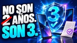 Miniatura tecnológica con el mensaje «NO SON 2 AÑOS. SON 3.» junto a un smartphone, un escudo digital con el número 3 y un símbolo de verificación sobre un fondo azul y violeta con efectos de luz neón.