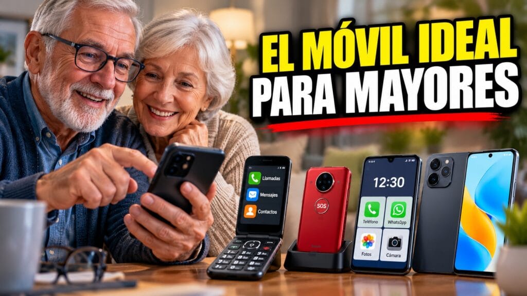 Pareja de adultos mayores probando varios teléfonos móviles, desde modelos sencillos con botones grandes y función SOS hasta smartphones modernos. Imagen destacada de una guía para elegir los mejores móviles para mayores en 2026.
