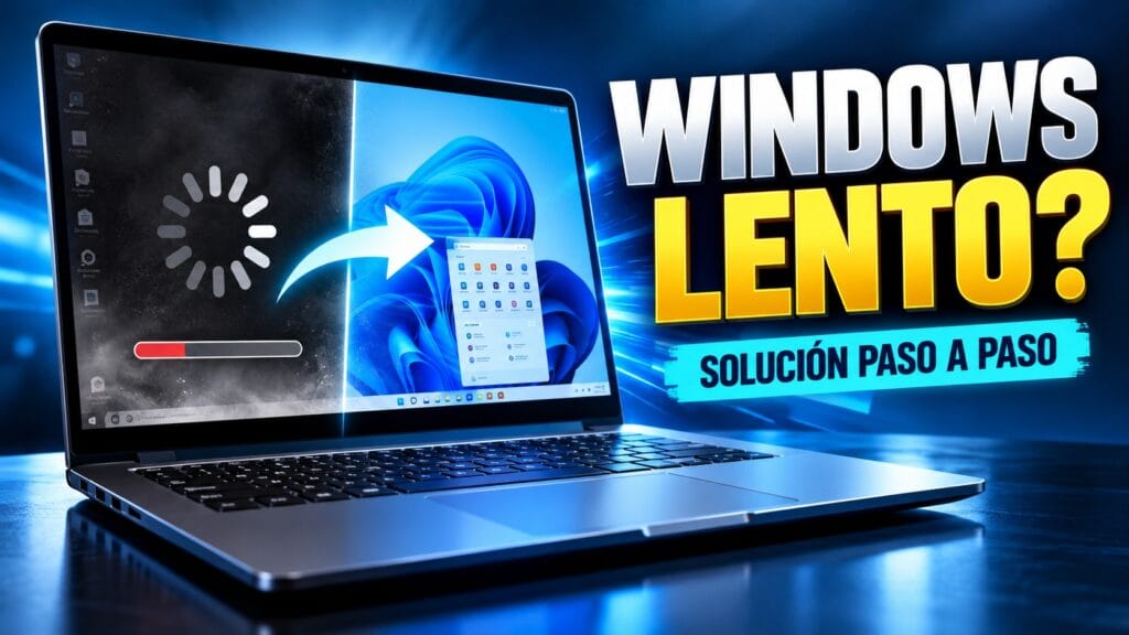 Portátil sobre un fondo azul marino brillante mostrando en pantalla la diferencia entre un Windows lento, con carga y bajo rendimiento, y un Windows optimizado y rápido. La imagen incluye el texto “Windows lento?” y “Solución paso a paso”.
