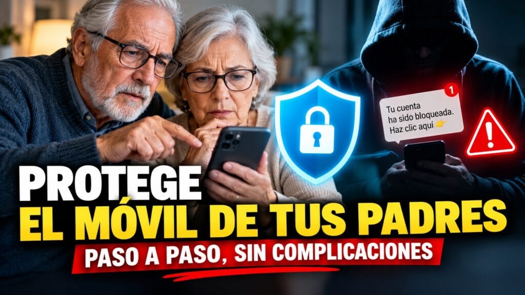 Cómo proteger el móvil de tus padres contra estafas: una pareja mayor consulta su smartphone mientras un escudo de seguridad y alertas de fraude representan los riesgos digitales.