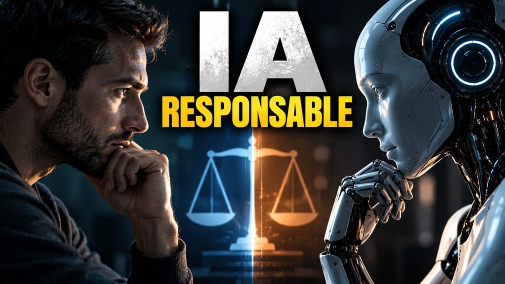 Imagen conceptual sobre el uso responsable de la inteligencia artificial en 2026, con un hombre y un robot humanoide frente a frente y el texto «IA RESPONSABLE», que representa el equilibrio entre la tecnología, la ética y la toma de decisiones humanas.