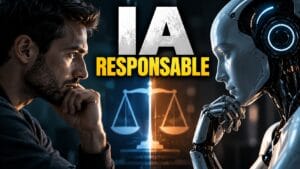 Imagen conceptual sobre el uso responsable de la inteligencia artificial en 2026, con un hombre y un robot humanoide frente a frente y el texto «IA RESPONSABLE», que representa el equilibrio entre la tecnología, la ética y la toma de decisiones humanas.
